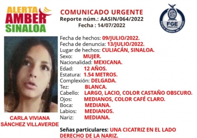 Fiscal&iacute;a Sinaloa solicita la colaboraci&oacute;n ciudadana para localizar a Carla Viviana S&aacute;nchez Villaverde