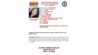Se activa la Alerta Amber para la localizaci&oacute;n de Violeta Guadalupe Alcal&aacute; Romero de 17 a&ntilde;os de edad, desaparecida en Culiac&aacute;n