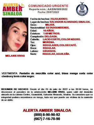 FGE public&oacute; el protocolo de la Alerta Amber por la desaparici&oacute;n de la adolescente, Melanie Rivas de 16 a&ntilde;os de edad