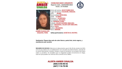 Activan Alerta Amber para la localizaci&oacute;n de Jazm&iacute;n Guadalupe de 14 a&ntilde;os de edad, que fue vista por &uacute;ltima vez en escuela secundar&iacute;a t&eacute;cnica de Culiac&aacute;n