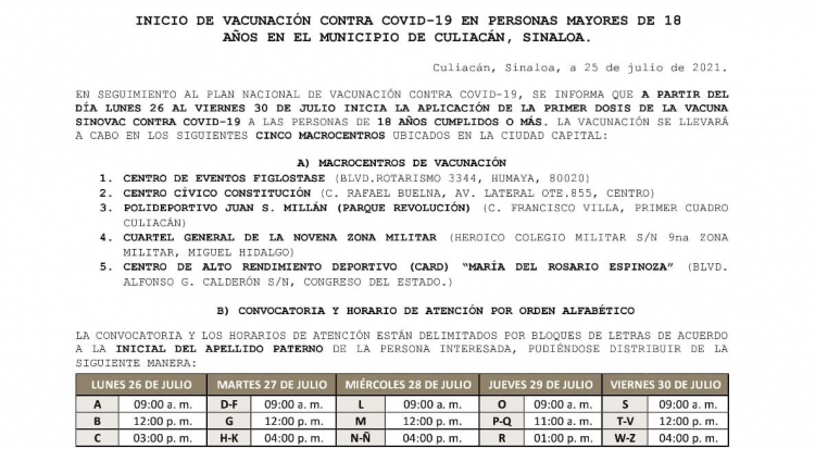 ¡Este lunes inicia la vacunación de jóvenes de 18 a 29 años en Sinaloa!
