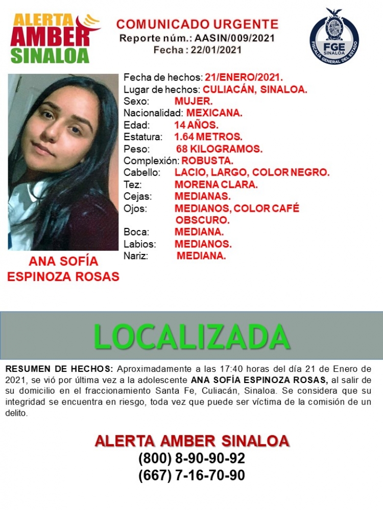 Localizan con vida a Ana Sofía de 14 años