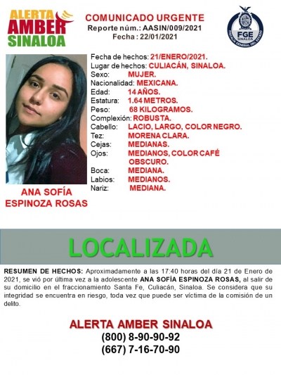 Localizan con vida a Ana Sof&iacute;a de 14 a&ntilde;os
