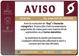 La SEPyC recomend&oacute; suspensi&oacute;n de clases ante la intensificaci&oacute;n del Hurac&aacute;n "Kay" a categor&iacute;a "1"