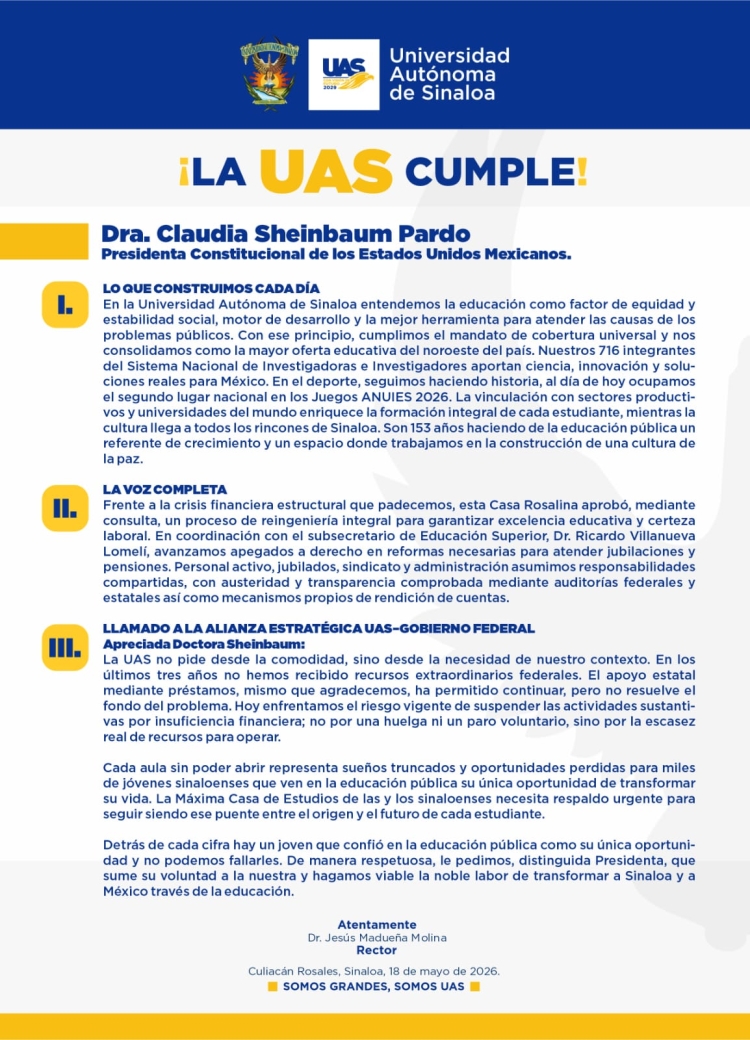 Atenta solicitud de la UAS a la Presidenta de la Rep&uacute;blica, Dra. Claudia Sheinbaum Pardo