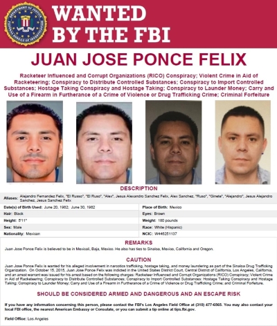 EEUU ofrece 5 MDD  por informaci&oacute;n de Ponce F&eacute;lix, l&iacute;der del C&aacute;rtel de Sinaloa y 'Los Rusos'