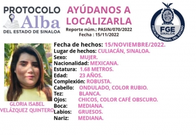 Se activ&oacute; el Protocolo Alba para la localizaci&oacute;n de Gloria Isabel de 23 a&ntilde;os de edad en Culiac&aacute;n
