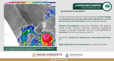 Clima lunes 19 de septiembre: Conagua pronostica lluvias fuertes a puntuales muy fuertes en varios municipios de Sinaloa