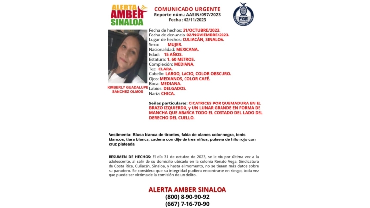 Activan Alerta Amber para la localización de Kimberly Guadalupe de 15 años de edad, que desapareció en la sindicatura de Costa Rica en Culiacán