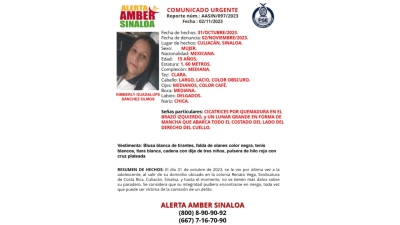 Activan Alerta Amber para la localizaci&oacute;n de Kimberly Guadalupe de 15 a&ntilde;os de edad, que desapareci&oacute; en la sindicatura de Costa Rica en Culiac&aacute;n