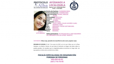 Se activa el Protocolo Alba para la localizaci&oacute;n de &Aacute;ngela Soto Miranda de 23 a&ntilde;os de edad, desapareci&oacute; en Los Mochis