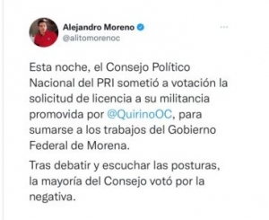 PRI niega licencia a Quirino para sumarse al gobierno de AMLO
