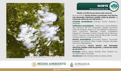 En el Norte del pa&iacute;s se presentaran lluvias fuertes con descargas el&eacute;ctricas y posible ca&iacute;da de granizo