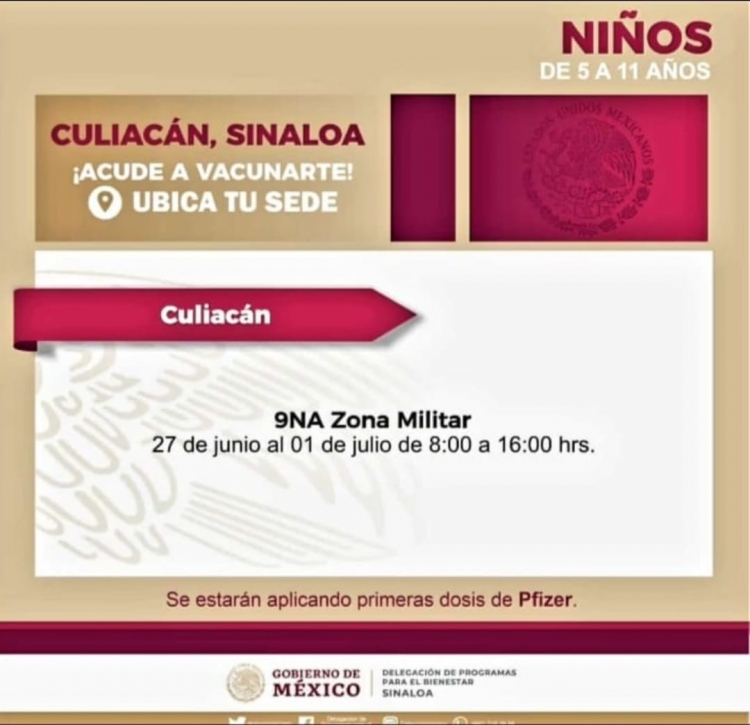 Del 27 de junio al 01 de julio; vacunaci&oacute;n anticovid-19 para ni&ntilde;os de 5 a 11 a&ntilde;os de edad en Culiac&aacute;n