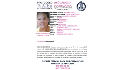 Activan Protocolo Alba para la localización de Blanca Genoveva de 32 años de edad, que despareció en Culiacán