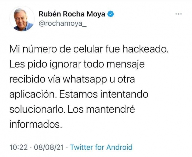 Anuncia Rocha que le hackearon su celular y los mensajes no son de él