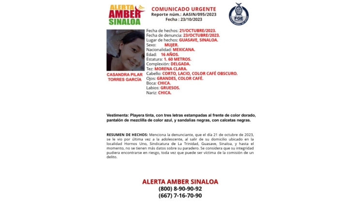 Activan Alerta Amber para la localización de Cassandra Pilar de 16 años de edad que desapareció en Guasave