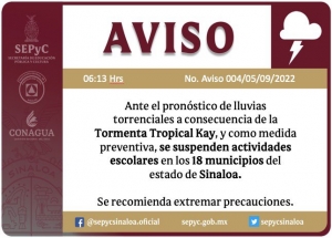 SEPyC suspende clases este lunes 5 de septiembre, por &ldquo;Kay&rdquo;