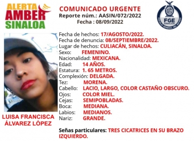 La Fiscal&iacute;a General del Estado de Sinaloa solicita la colaboraci&oacute;n ciudadana para localizar a Luisa Francisca &Aacute;lvarez L&oacute;pez
