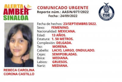 Alerta Amber para la localizaci&oacute;n de Rebeca Carolina de 13 a&ntilde;os de edad desaparecida en Culiac&aacute;n