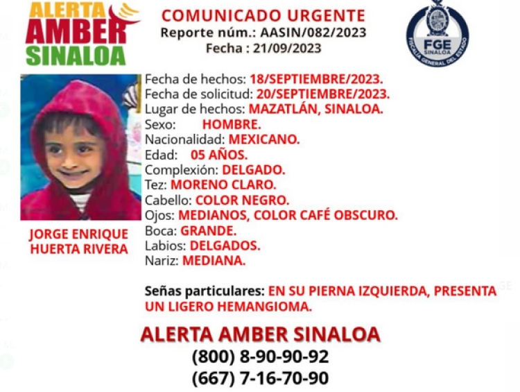 Buscan a Jorge Enrique, de 5 años, en Mazatlán; se lo llevó su papá