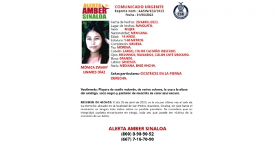 Se activa el protocolo de Alerta Amber para la localizaci&oacute;n de M&oacute;nica Zwany Linares D&iacute;as de 14 a&ntilde;os de edad que desapareci&oacute; en San Pedro, Navolato