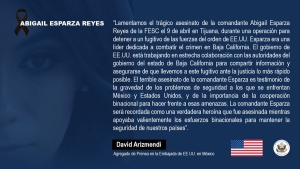 Asesinato de Abigail Esparza es testimonio de la “gravedad de los problemas de seguridad” en México y EEUU: Embajada estadounidense