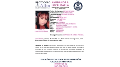 Activan Protocolo Alba para localizar a Griselda Camacho Gutiérrez que fue vista por última vez en el ejido Las Brisas, en Guasave