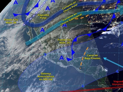 Se pronostican vientos fuertes en el Norte del Territorio Nacional, adem&aacute;s de ca&iacute;da de nieve o aguanieve en Sierras de Baja California en las primeras horas del d&iacute;a