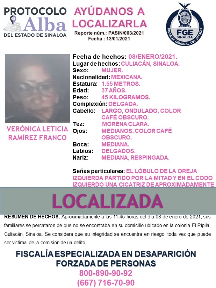 Localizan a desaparecida del 8 de enero