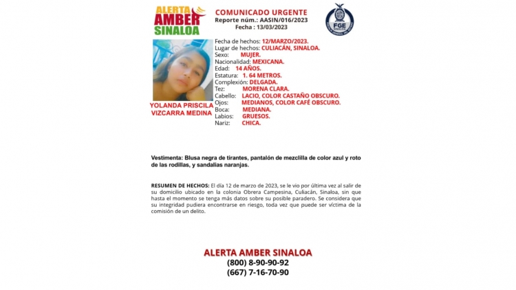 Se activó la Alerta Amber para la localización de Yolanda Priscila de 14 años de edad que desapareció en Culiacán