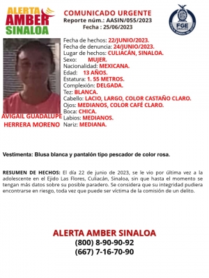 Fiscal&iacute;a Sinaloa solicita la colaboraci&oacute;n ciudadana para localizar a Avigail Guadalupe Herrera Moreno