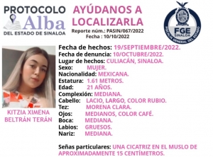 Alerta Amber: Desaparece en Culiac&aacute;n la joven Kitzia Ximena