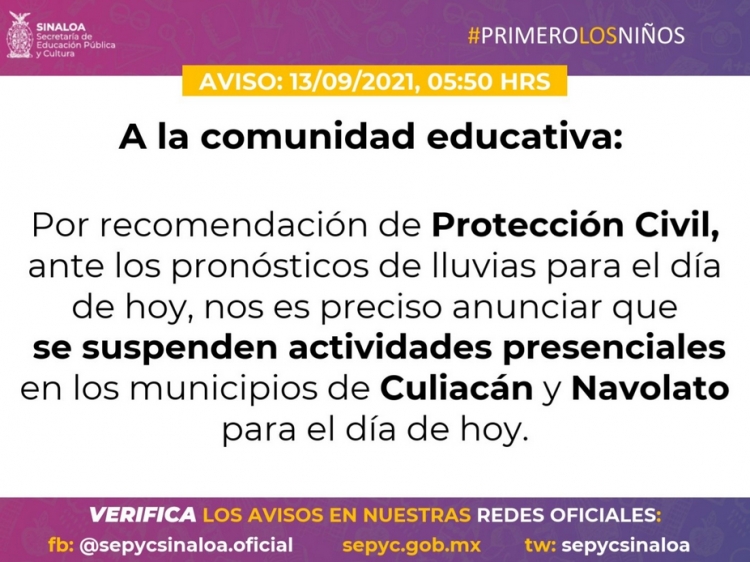 Se suspenden clases presenciales este lunes en Culiacán y Navolato: SEPyC