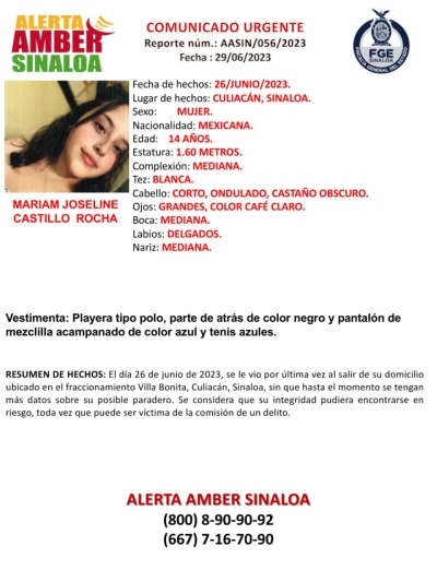 Desaparece jovencita Mariam Joseline en Culiacán
