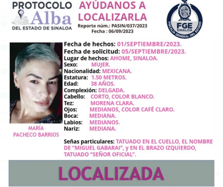 Localizan a María Pacheco, estaba desaparecida desde el 1 de septiembre, en Los Mochis