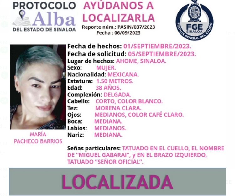Localizan a Mar&iacute;a Pacheco, estaba desaparecida desde el 1 de septiembre, en Los Mochis