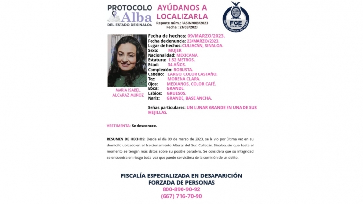 Activan Protocolo Alba para la localizaci&oacute;n de Mar&iacute;a Isabel de 34 a&ntilde;os de edad, que fue vista por &uacute;ltima vez en fraccionamiento de Culiac&aacute;n