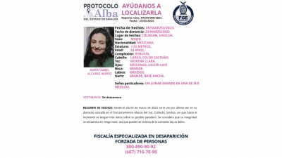 Activan Protocolo Alba para la localizaci&oacute;n de Mar&iacute;a Isabel de 34 a&ntilde;os de edad, que fue vista por &uacute;ltima vez en fraccionamiento de Culiac&aacute;n