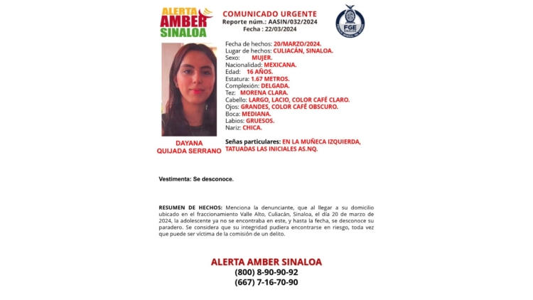 Activan Alerta Amber para localizar a Dayana Quijada Serrano, que despareció en Culiacán el 20 de marzo